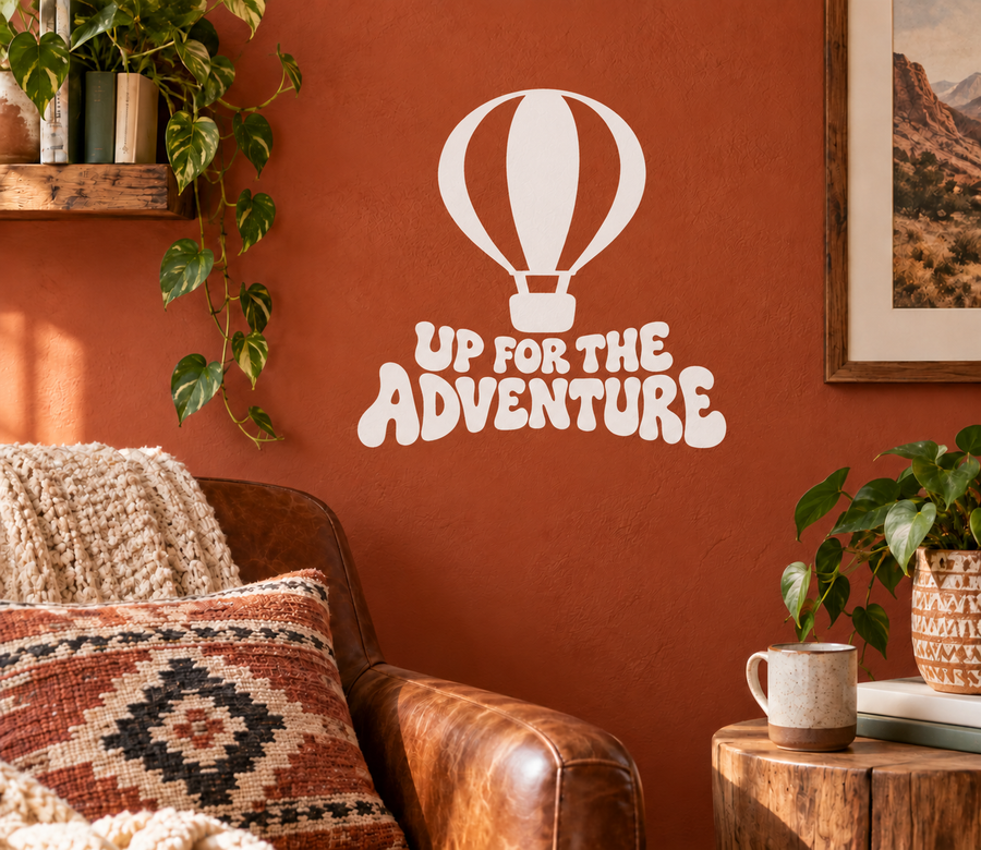 Vinyl wall decal: white hot air balloon with 'Up for the Adventure' text
