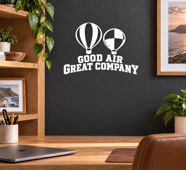 Hot air balloon vinyl wall decal set with “Good Air Great Company” text