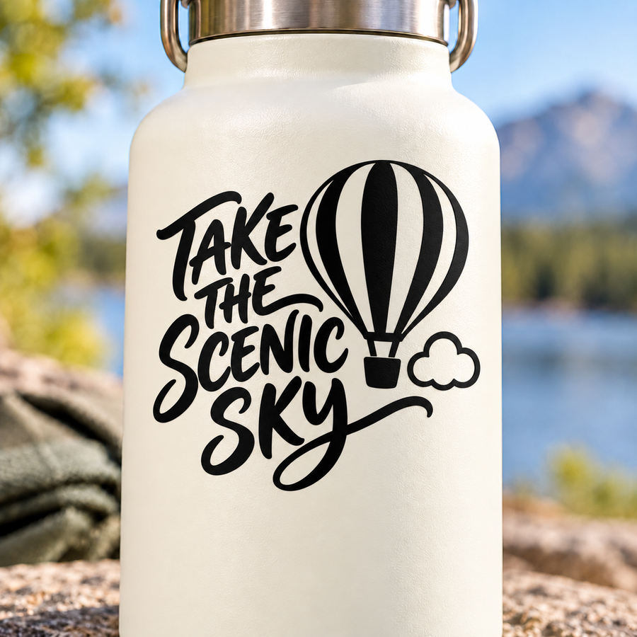 Hot air balloon vinyl decal with 'TAKE THE SCENIC SKY' lettering and clouds