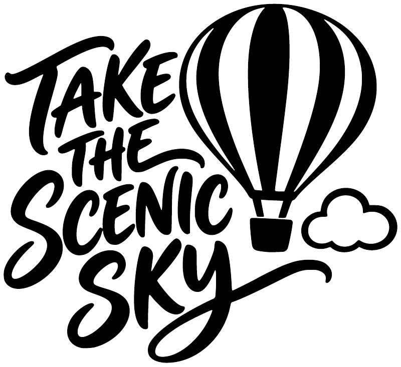 Scenic sky vinyl decal graphic with striped hot air balloon, 'TAKE THE' text, clouds