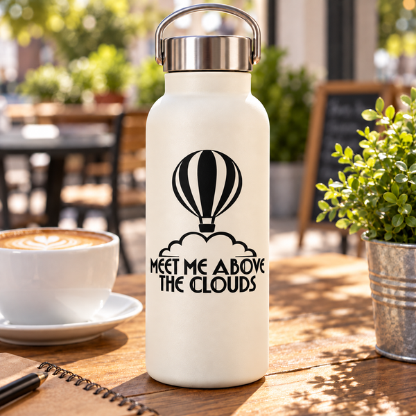Hot air balloon vinyl decal with 'Meet Me Above the Clouds' text on a bottle