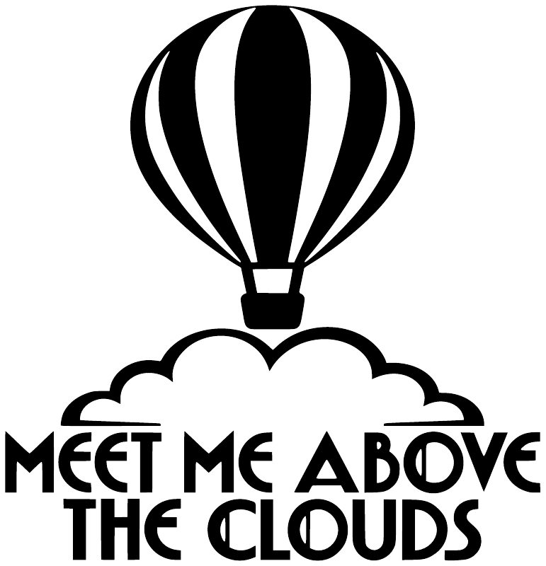 Hot air balloon vinyl decal with 'Meet Me Above the Clouds' in bold black and white