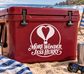 Red vinyl decal with hot air balloon heart and 'More Wonder Less Hurry' text on cooler