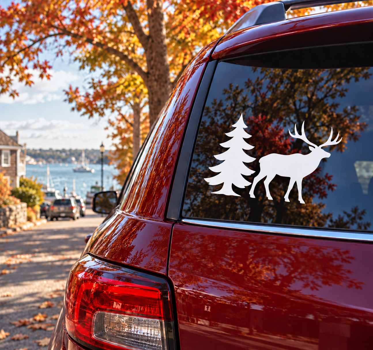 Elk and evergreen tree vinyl decal for car window