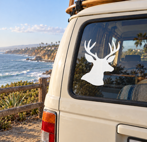 Deer head vinyl decal with antlers on a vehicle window