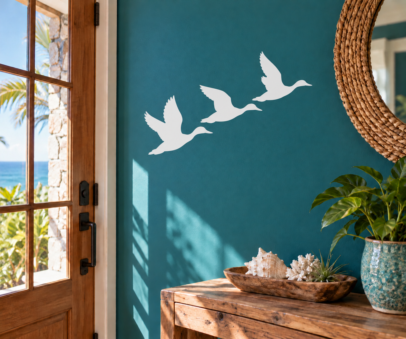 Bird flight vinyl decal with three white duck silhouettes in flight