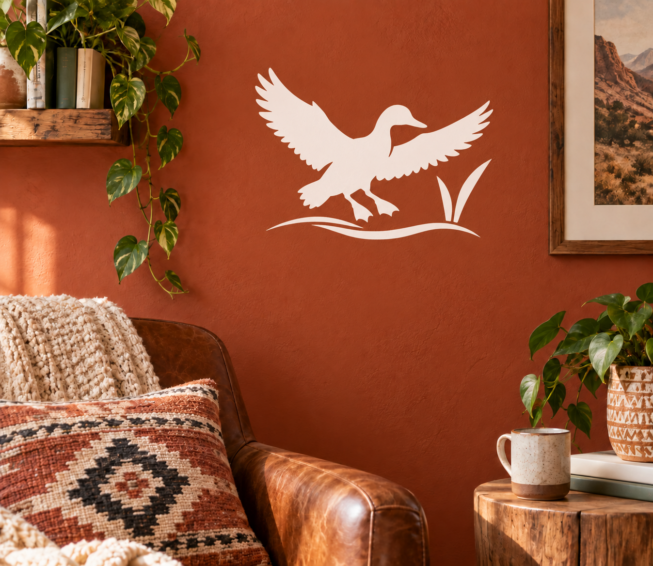 Vinyl bird and marsh reeds decal, white landing bird with wings spread