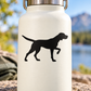 Vinyl decal of black hunting pointer dog silhouette on light surface.