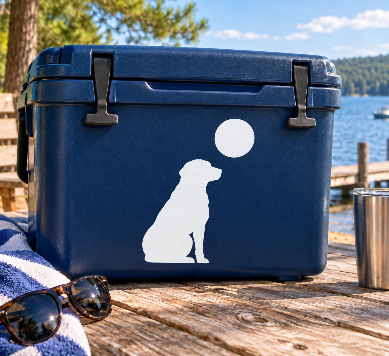 White dog silhouette vinyl decal with small circle, applied to dark blue surface