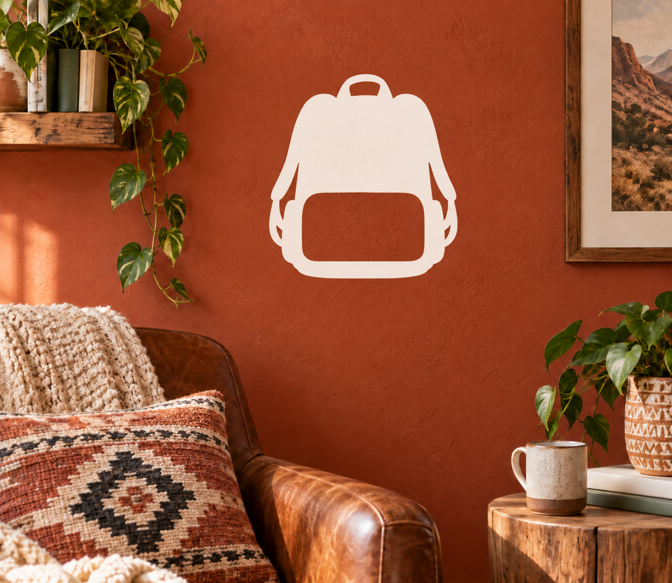 Daypack vinyl decal with white outline of a hunting-style backpack and front pocket