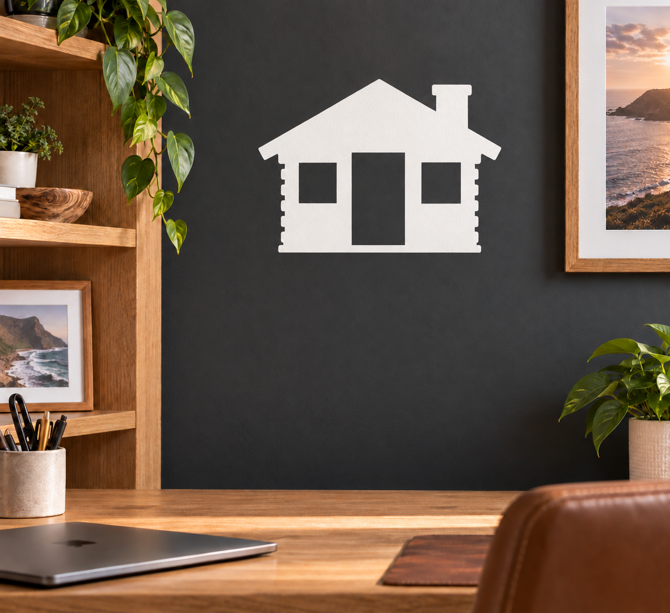 White house silhouette vinyl decal with three window openings on a dark wall