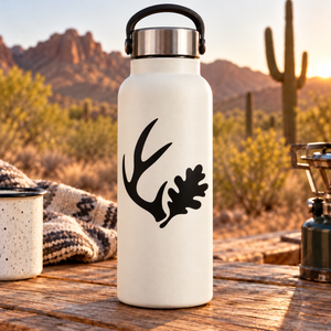 Black deer antler and oak leaf vinyl decal on white bottle
