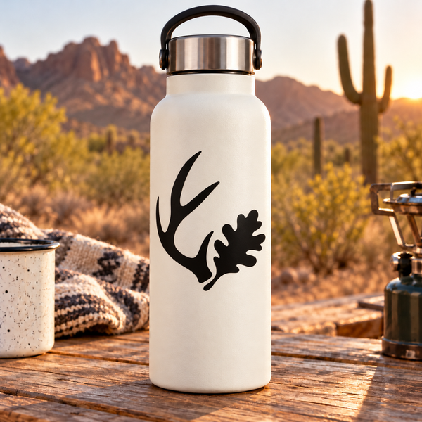 Black deer antler and oak leaf vinyl decal on white bottle