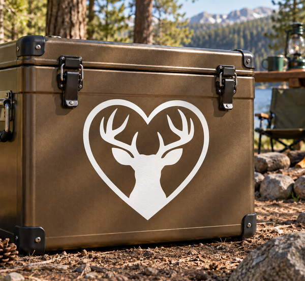 Deer antler heart vinyl decal with white outline and black silhouette