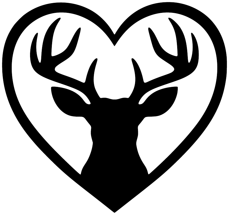 Heart-shaped deer antler vinyl decal in black silhouette with white border