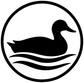 Round vinyl decal: black duck silhouette above white marsh wave lines, outlined in black