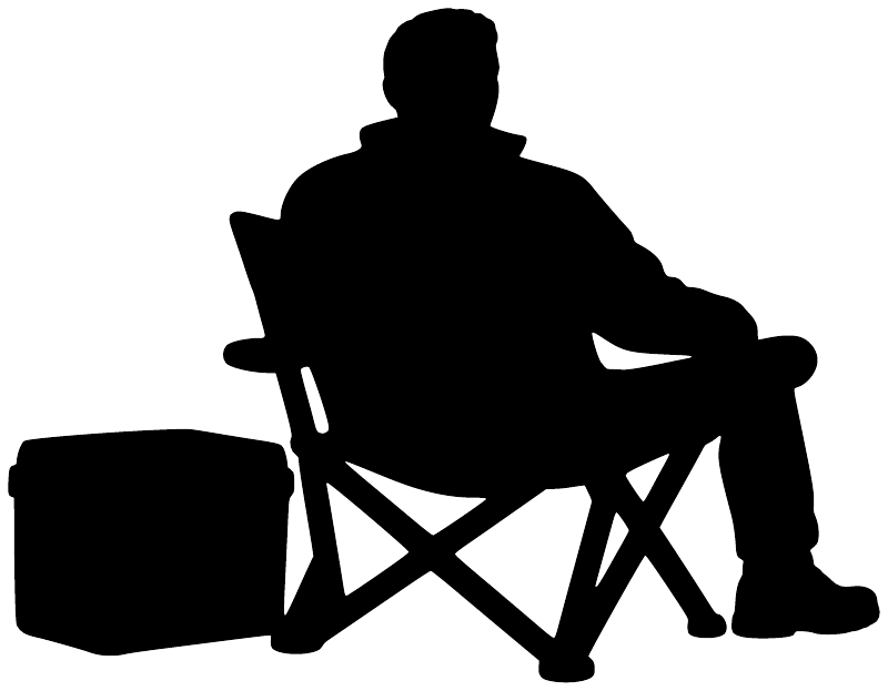Vinyl decal silhouette of hunter with folding camp chair and cooler bag