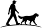 Vinyl decal silhouette of hunter walking a dog over a curved line