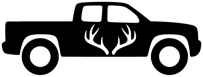 Black hunting pickup truck vinyl decal with antler silhouette and white wheel accents