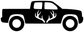Black hunting pickup truck vinyl decal with antler silhouette and white wheel accents