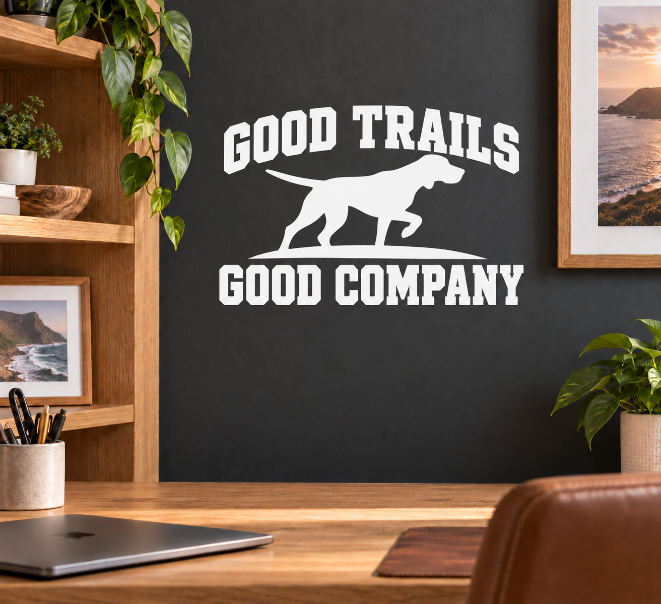 Vinyl decal featuring 'GOOD TRAILS' and 'GOOD COMPANY' with hunting dog silhouette