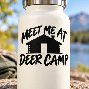 Black vinyl decal: arched 'MEET ME AT' over 'DEER CAMP' with house icon