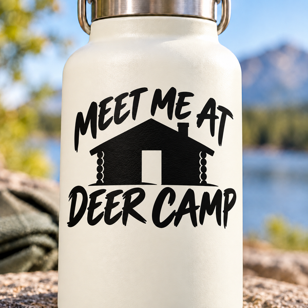 Black vinyl decal: arched 'MEET ME AT' over 'DEER CAMP' with house icon