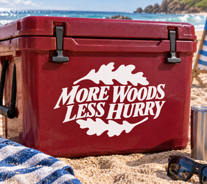 White 'More Woods Less Hurry' tree-shaped vinyl decal