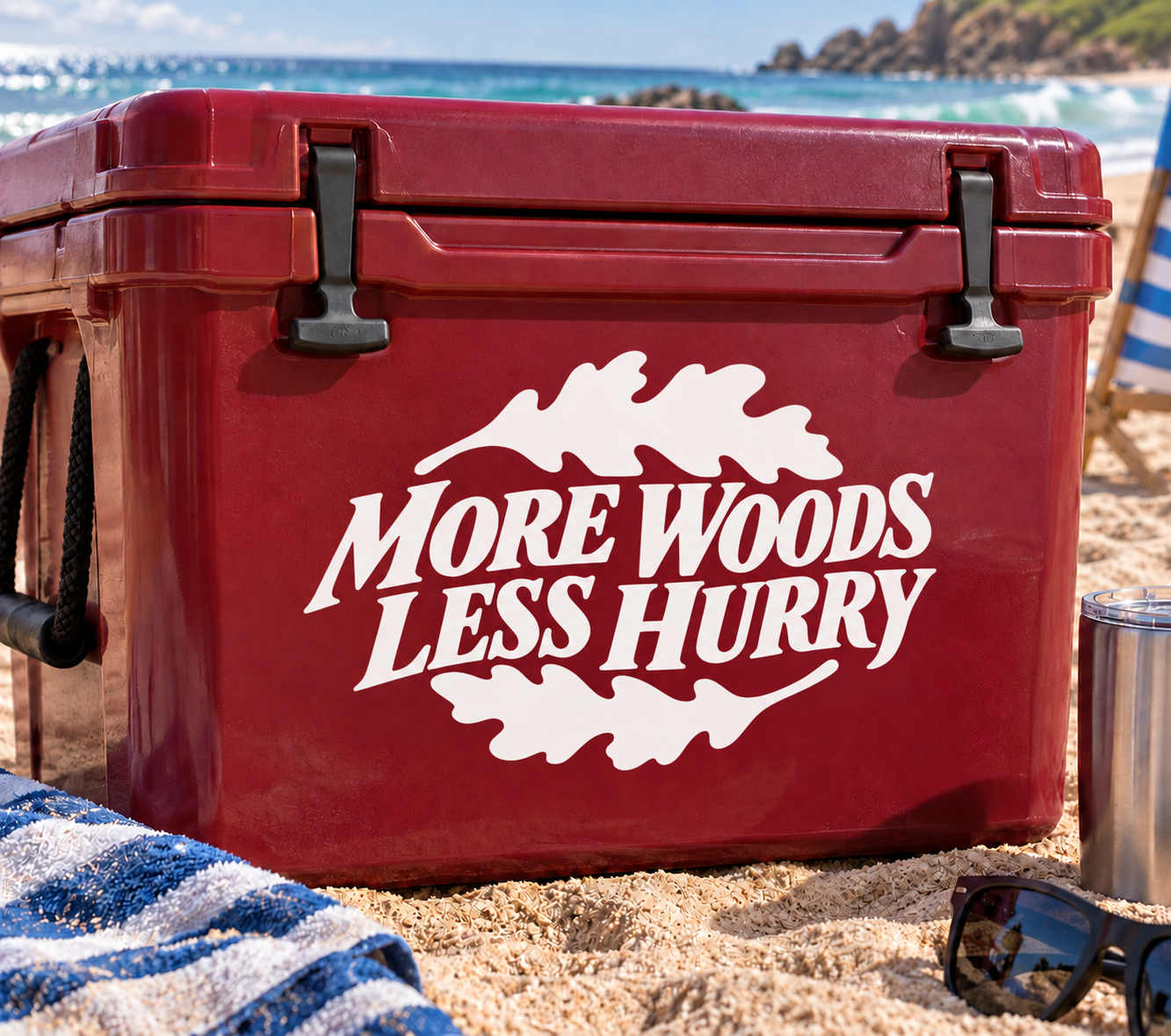 White 'More Woods Less Hurry' tree-shaped vinyl decal