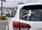 Ice skating open-arms vinyl decal: black skater silhouette on rear window of car