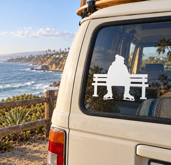 Ice skating bench vinyl decal on vehicle window, white bench and skater silhouette