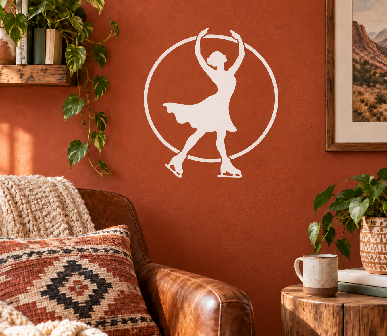 Ice skating vinyl decal: white skater silhouette with circular outline