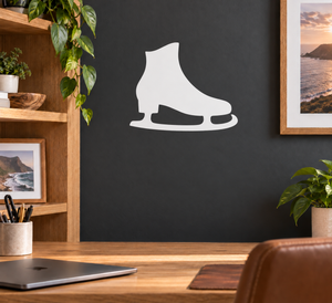 Ice skate vinyl boot decal, white silhouette on dark background