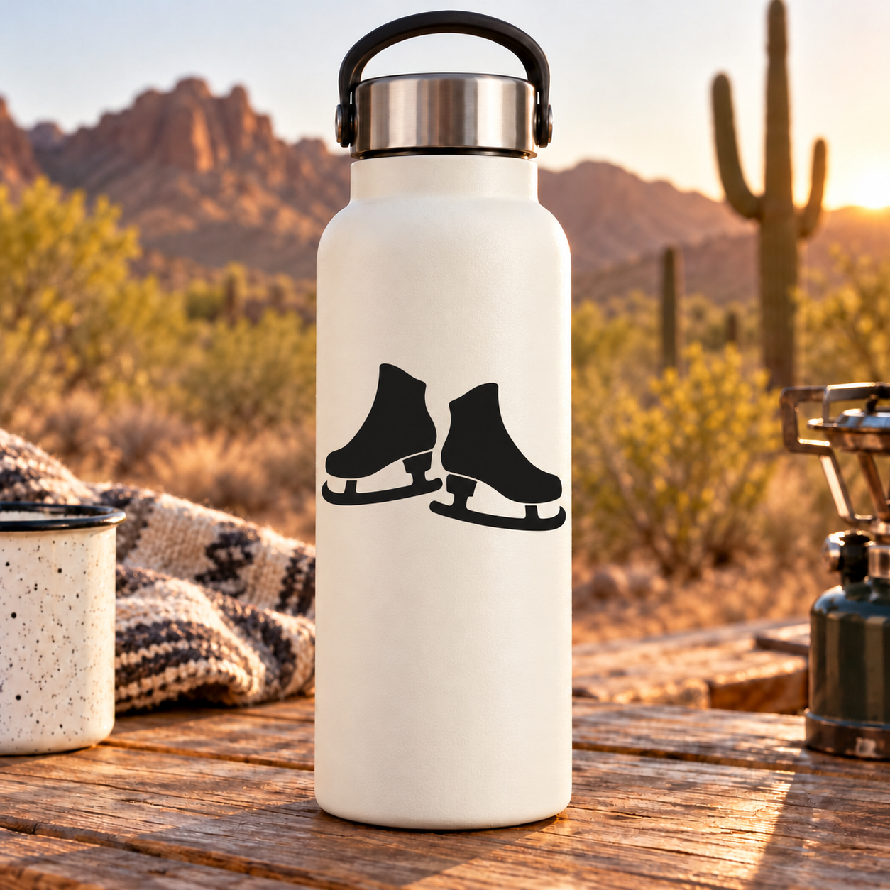 White water bottle with black ice skate pair vinyl decal