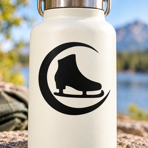 Circular black ice skating vinyl decal with skate icon inside crescent blade design