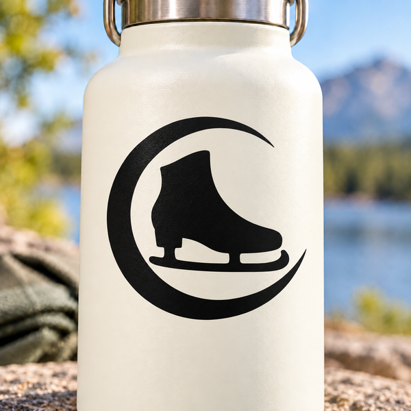 Circular black ice skating vinyl decal with skate icon inside crescent blade design