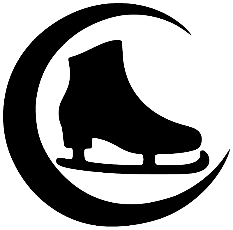 Close-up of circular black ice skate vinyl decal with crescent blade and skate silhouette