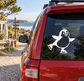 Ice skating penguin vinyl decal on car window, white and black penguin figure