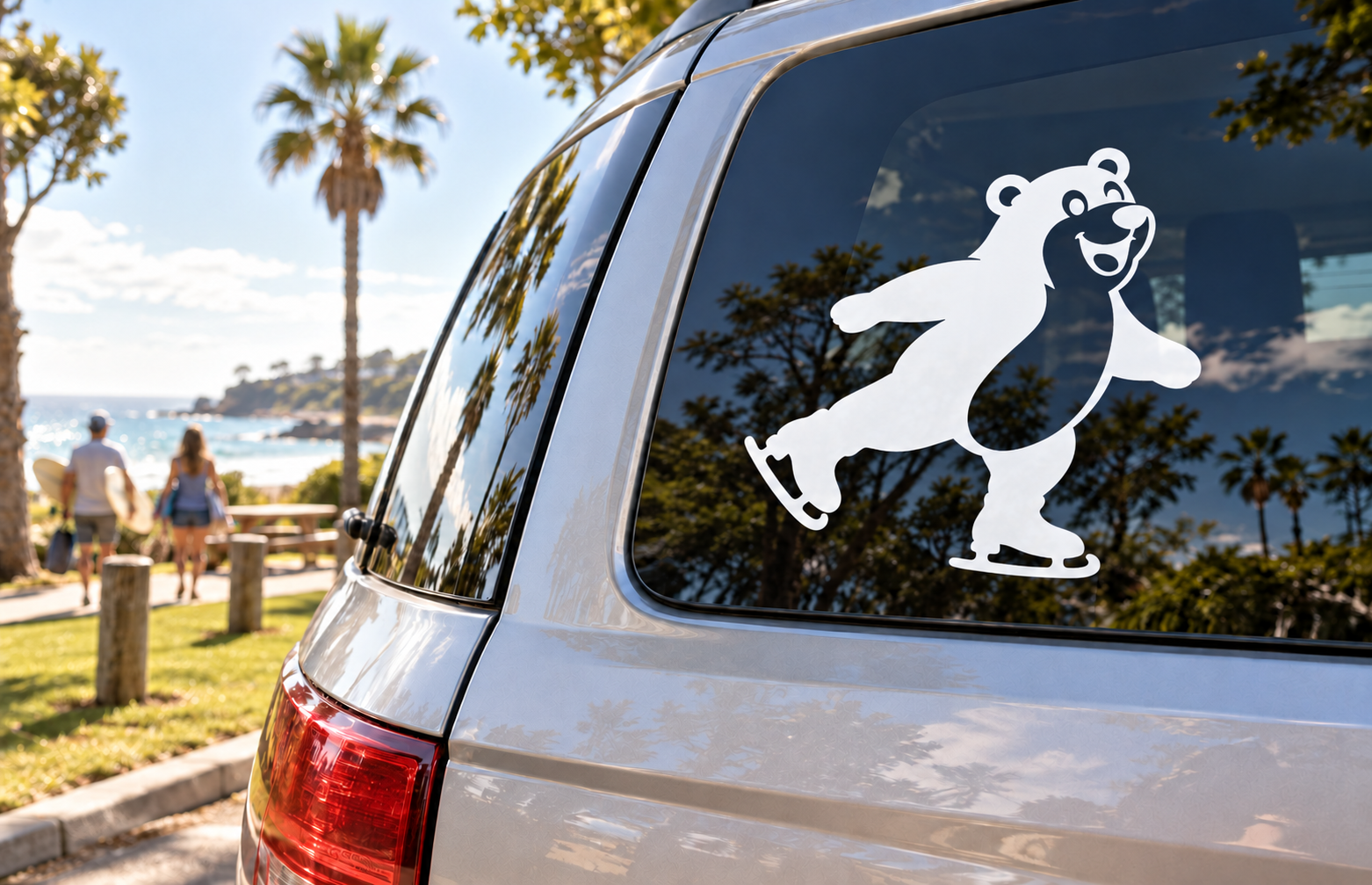 Ice skating polar bear vinyl decal on car window, black and white bear with ice skates
