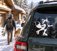 Ice skating fox vinyl decal on car rear window, white and black silhouette