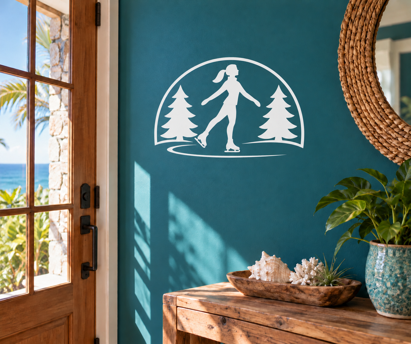 Ice skating woodland gate vinyl decal with white arched skater silhouette and trees