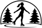 Ice skating woodland gate vinyl decal, black skater silhouette under arched trees