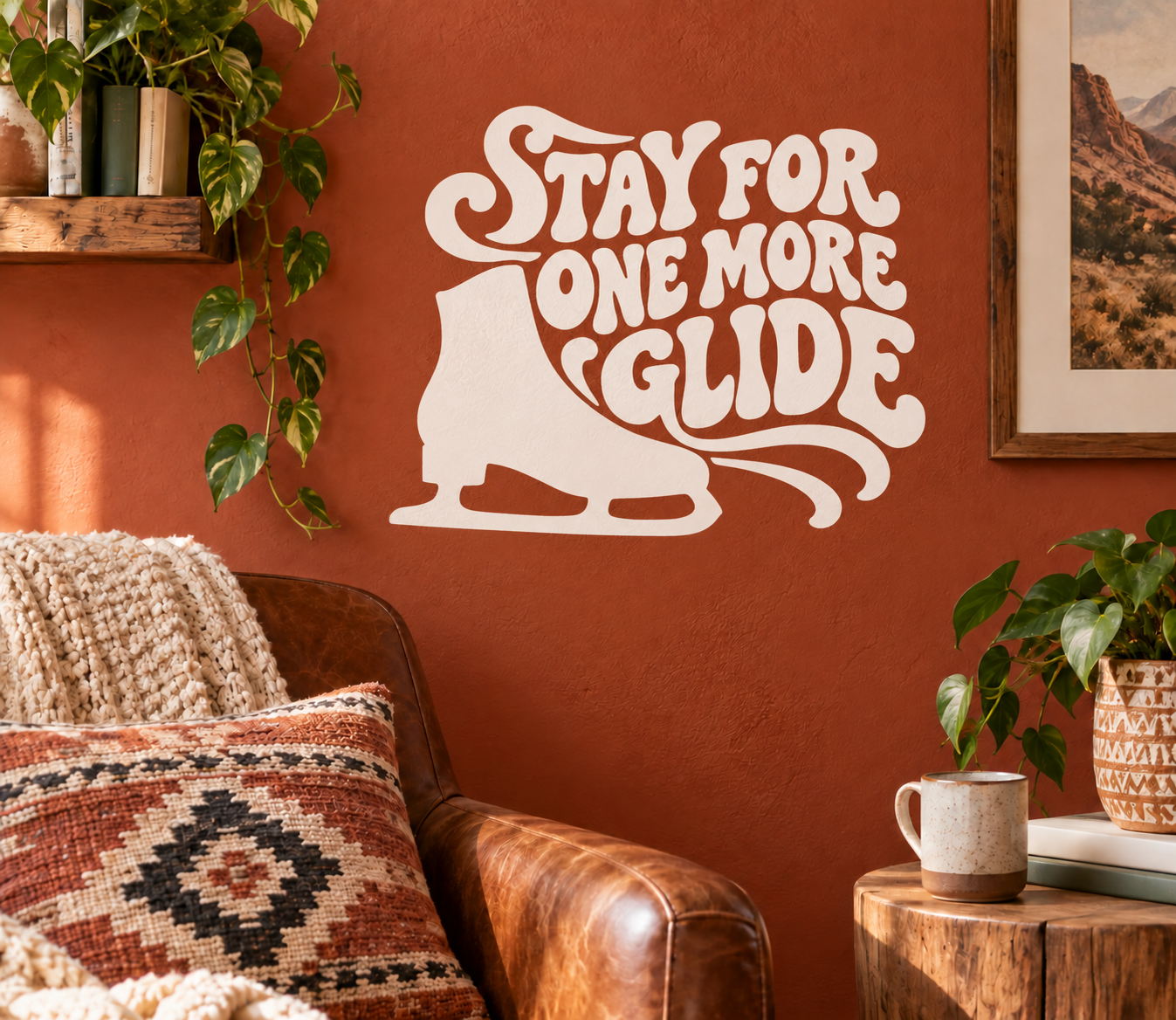 White vinyl decal with 'Stay for One More Glide' text and ice skate silhouette