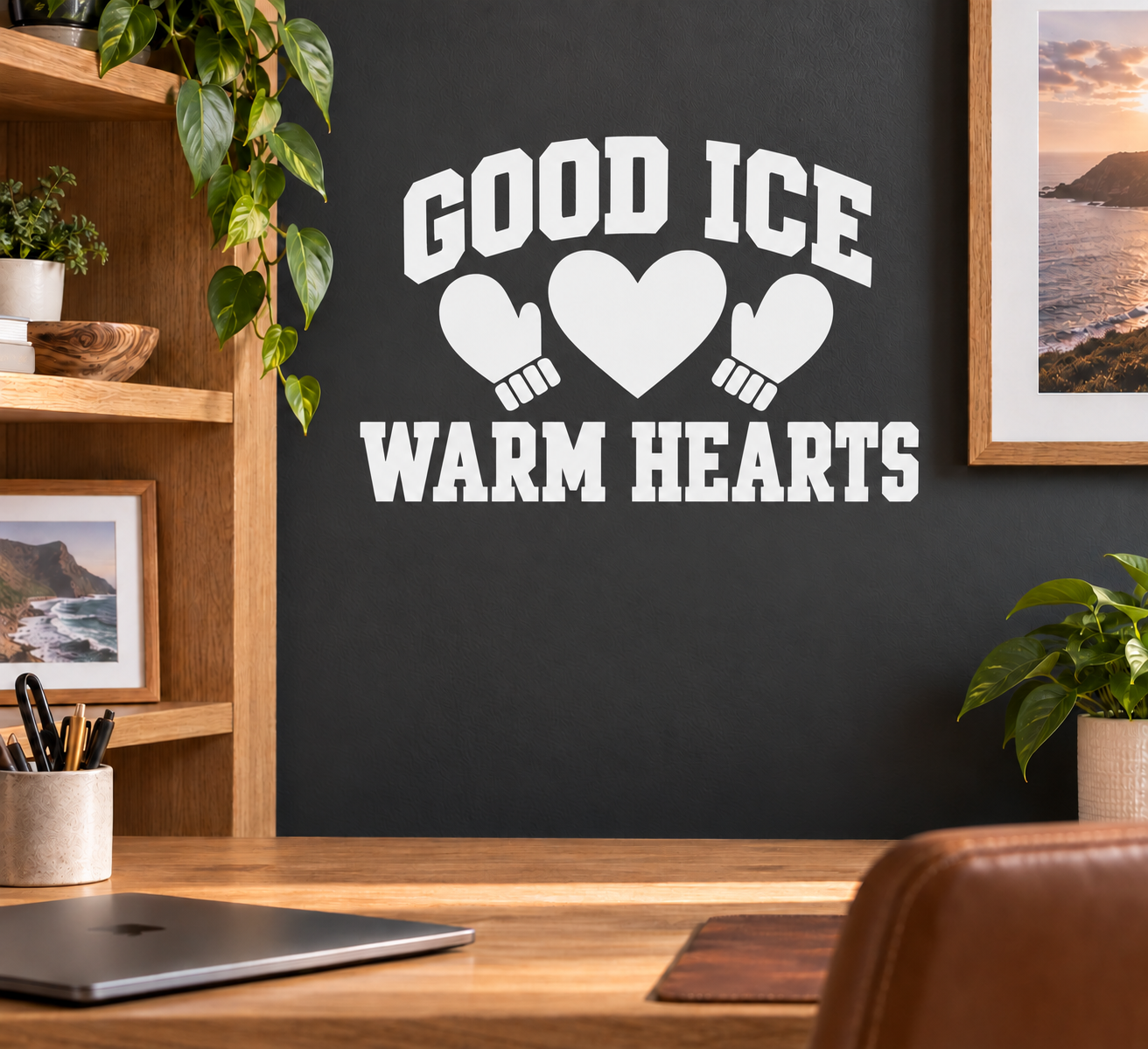 White vinyl decal with “GOOD ICE WARM HEARTS” text and heart with hand icons