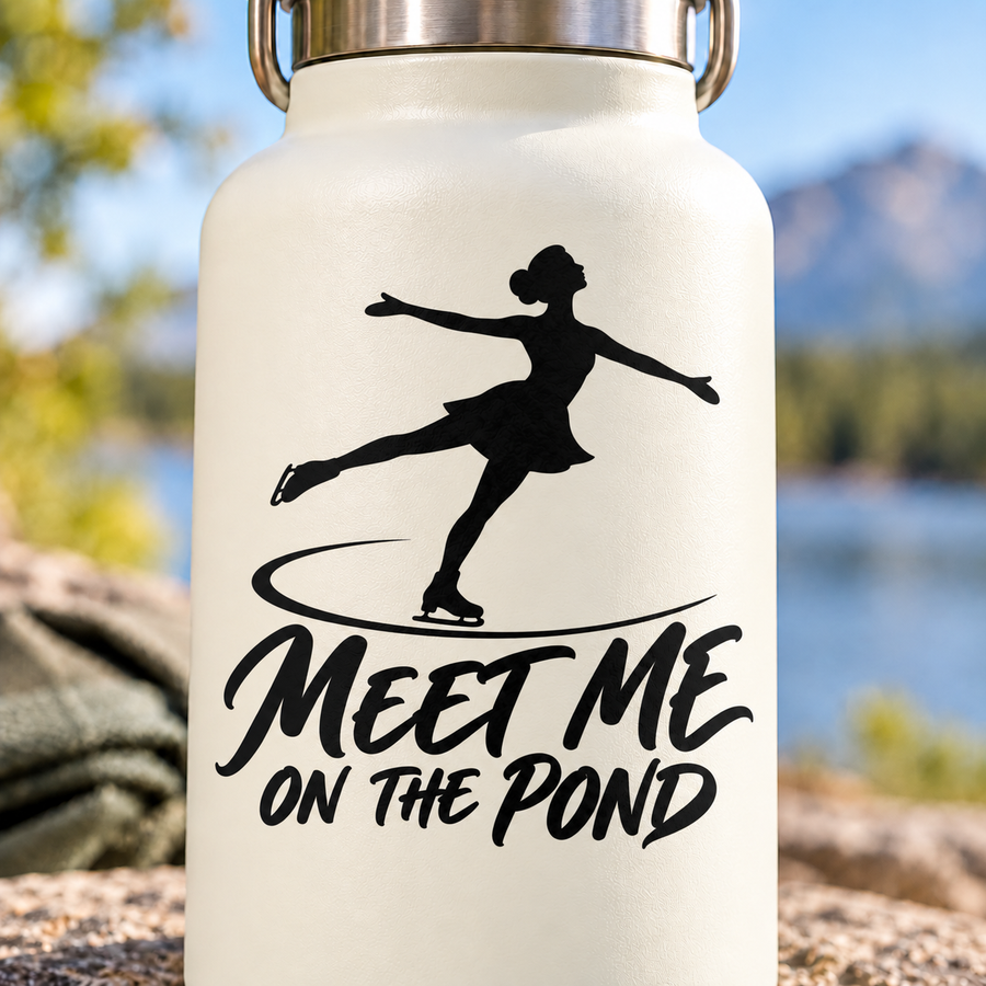Vinyl ice skating decal: black skater silhouette with 'Meet Me on the Pond'.