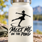 Vinyl ice skating decal: black skater silhouette with 'Meet Me on the Pond'.
