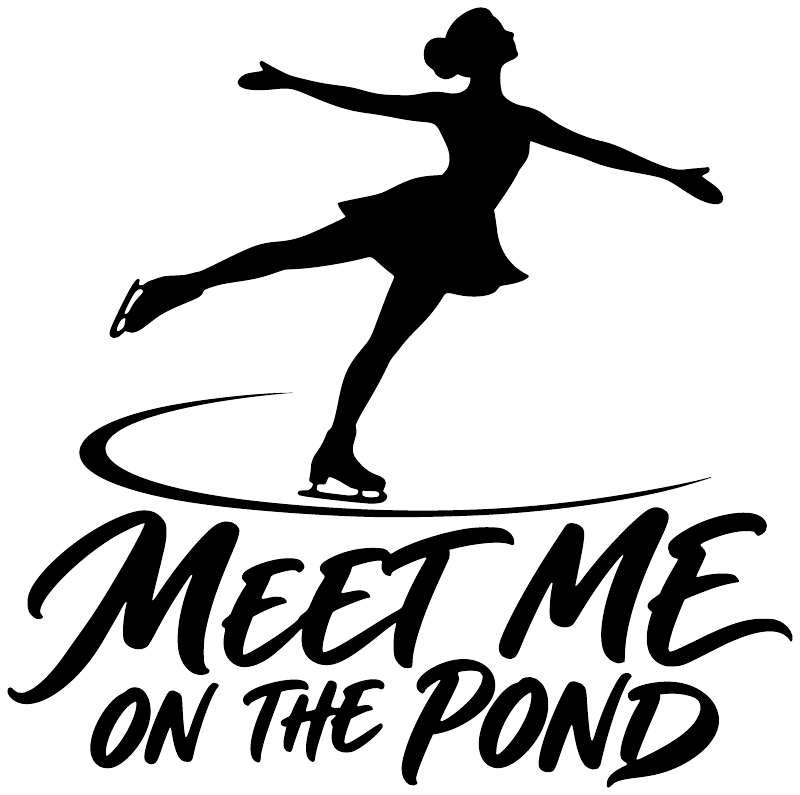 Vinyl ice skating decal: black skater on waveboard with 'Meet Me on the Pond'.