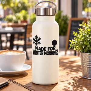 Black vinyl decal: snowflake, MADE FOR WINTER MORNINGS, and black dot circle