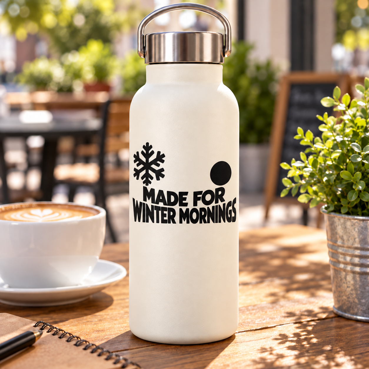Black vinyl decal: snowflake, MADE FOR WINTER MORNINGS, and black dot circle