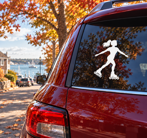 Inline skating vinyl decal: white skater silhouette on a car window
